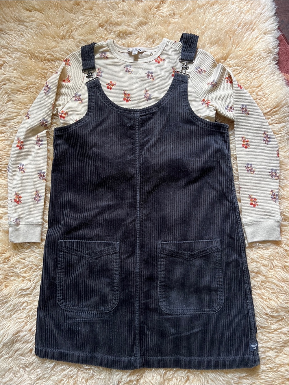 Toad&Co Black Corduroy Pinafore Dress with Front Pockets - Del Rey Jumper